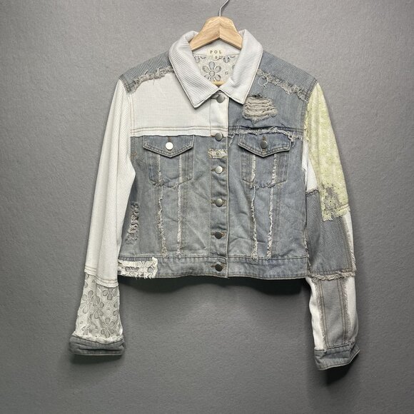 Pol Distressed Patchwork Denim Jacket With Lace & Waffle Knit Sleeves S - Picture 1 of 9